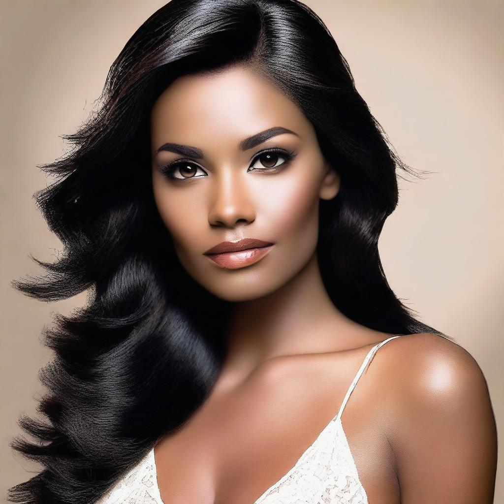 Create an image of a beautiful woman with black hair, brown eyes, and dark skin, showcasing Latin appearance