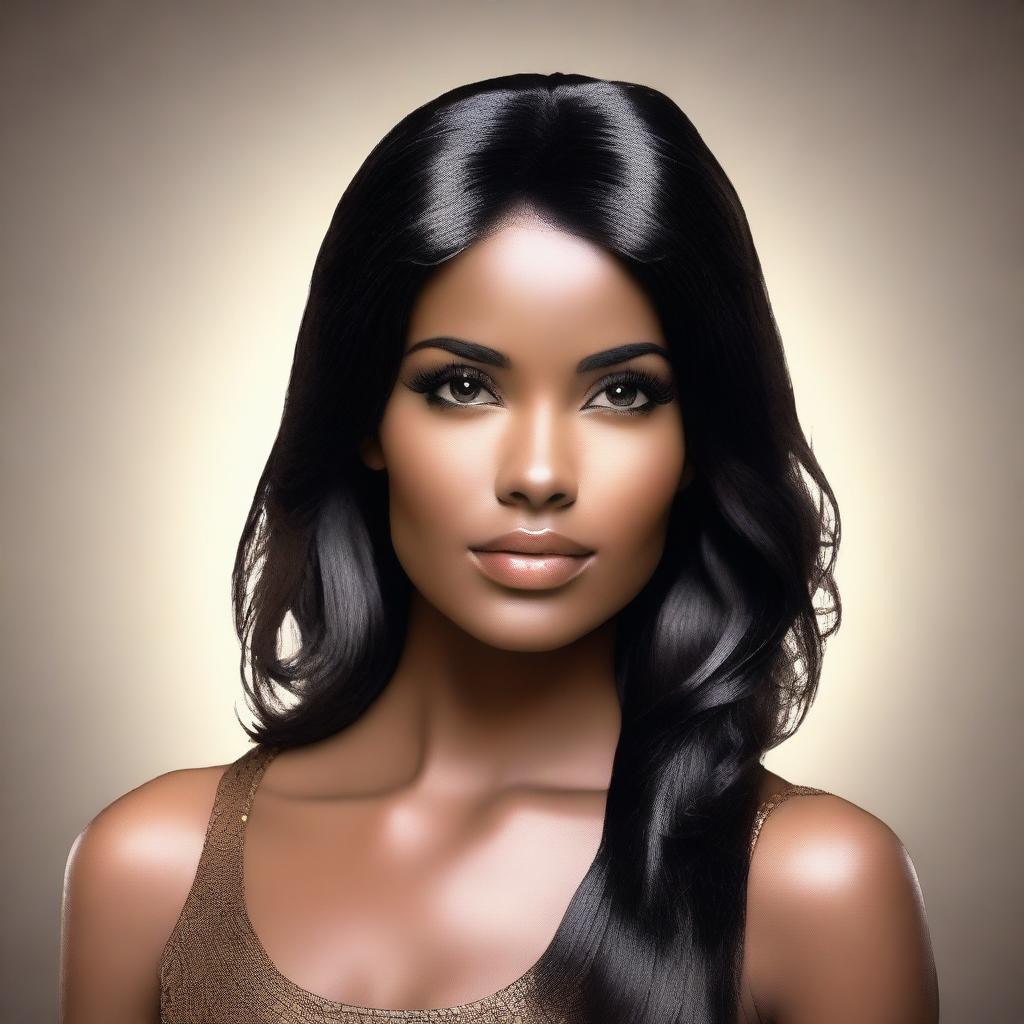 Create an image of a beautiful woman with black hair, brown eyes, and dark skin, showcasing Latin appearance