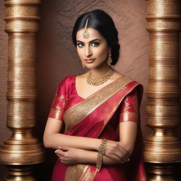 A stunning Indian woman wearing a traditional sari with a modern twist, showcasing her elegance and beauty