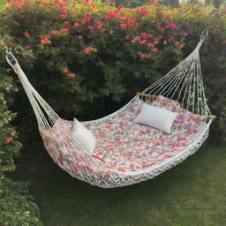 A vibrant birdcage styled hammock amidst blooming malvon flowers