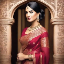 A stunning Indian woman wearing a traditional sari with a modern twist, showcasing her elegance and beauty