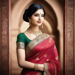 A stunning Indian woman wearing a traditional sari with a modern twist, showcasing her elegance and beauty