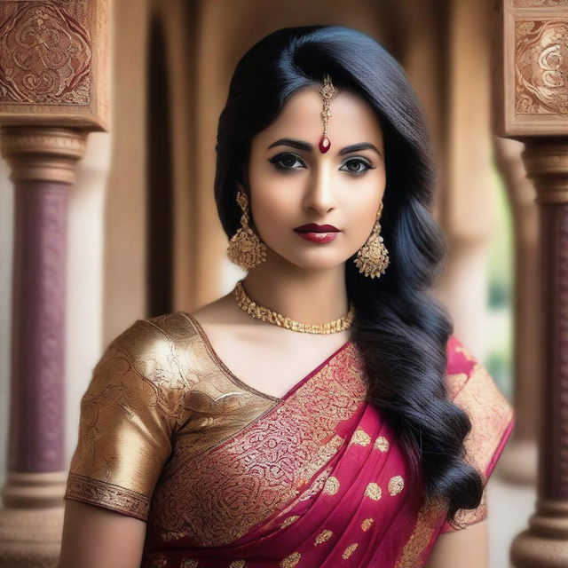 A stunning Indian woman wearing a traditional sari with a modern twist, showcasing her elegance and beauty