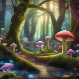 A magical and enchanting forest filled with vibrant, glowing flora and whimsical creatures