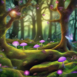 A magical and enchanting forest filled with vibrant, glowing flora and whimsical creatures