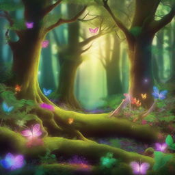 A magical and enchanting forest filled with vibrant, glowing flora and whimsical creatures