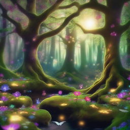 A magical and enchanting forest filled with vibrant, glowing flora and whimsical creatures