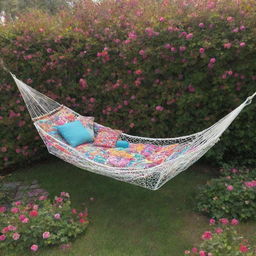 A vibrant birdcage styled hammock amidst blooming malvon flowers