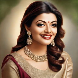 A detailed and realistic portrait of South Indian actress Kajal Aggarwal, showcasing her elegant beauty, traditional attire, and charismatic smile