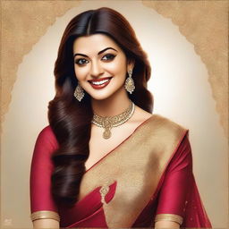 A detailed and realistic portrait of South Indian actress Kajal Aggarwal, showcasing her elegant beauty, traditional attire, and charismatic smile