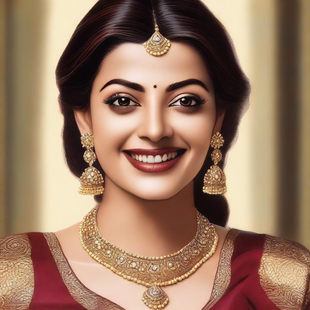 A detailed and realistic portrait of South Indian actress Kajal Aggarwal, showcasing her elegant beauty, traditional attire, and charismatic smile