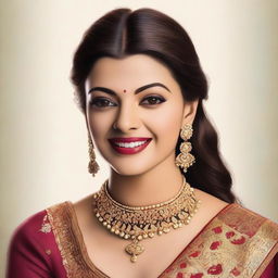 A detailed and realistic portrait of South Indian actress Kajal Aggarwal, showcasing her elegant beauty, traditional attire, and charismatic smile