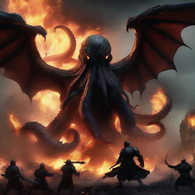 A fierce battle scene featuring a black octopus and a dragon engaged in war