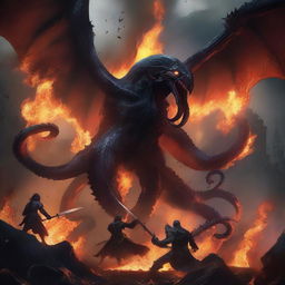 A fierce battle scene featuring a black octopus and a dragon engaged in war