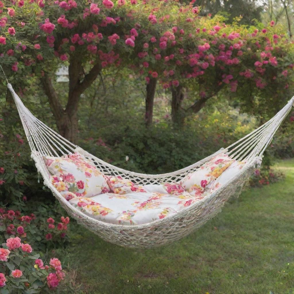 A vibrant birdcage styled hammock amidst blooming malvon flowers