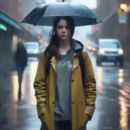 A realistic depiction of a girl standing in the rain, her clothes and hair soaked with water