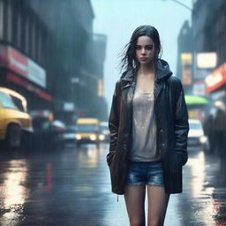 A realistic depiction of a girl standing in the rain, her clothes and hair soaked with water