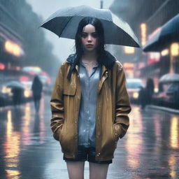 A realistic depiction of a girl standing in the rain, her clothes and hair soaked with water