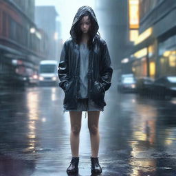 A realistic depiction of a girl standing in the rain, her clothes and hair soaked with water