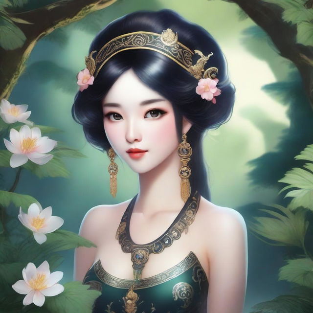 A beautiful yuan-ti with black hair, depicted in a detailed and enchanting fantasy setting