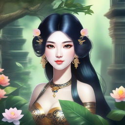 A beautiful yuan-ti with black hair, depicted in a detailed and enchanting fantasy setting