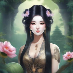 A beautiful yuan-ti with black hair, depicted in a detailed and enchanting fantasy setting