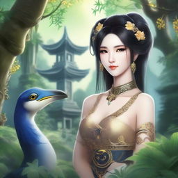 A beautiful yuan-ti with black hair, depicted in a detailed and enchanting fantasy setting