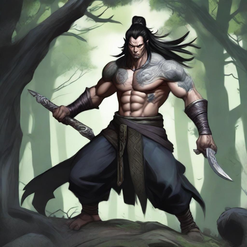 An aggressive and fierce yuan-ti with black hair, depicted in a detailed and dark fantasy setting