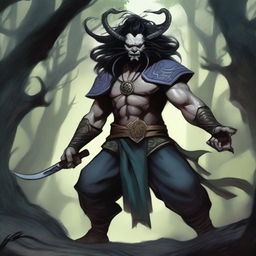 An aggressive and fierce yuan-ti with black hair, depicted in a detailed and dark fantasy setting