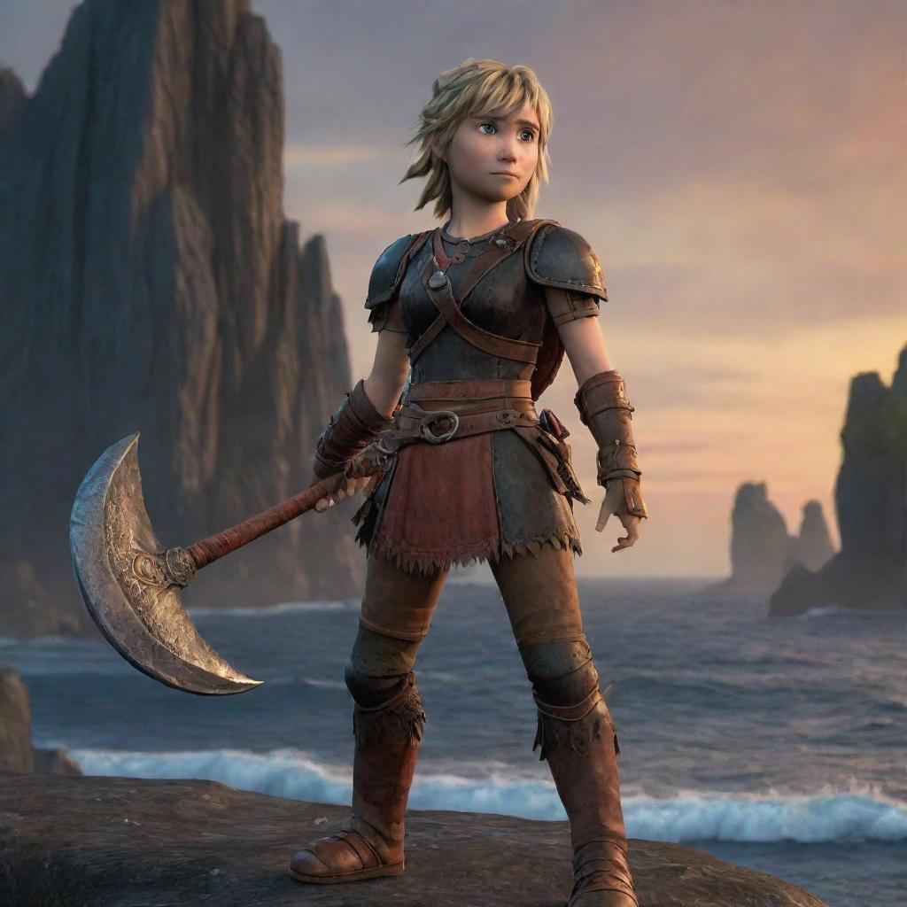 A detailed, cartoon style image of Astrid Hofferson from 'How to Train Your Dragon', standing with confidence, with her battle-axe in hand. The background brims with towering cliffs and the ocean at dusk.