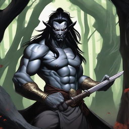 An aggressive and fierce yuan-ti with black hair, depicted in a detailed and dark fantasy setting