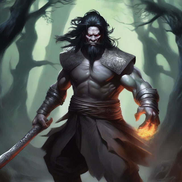 An aggressive and fierce yuan-ti with black hair, depicted in a detailed and dark fantasy setting