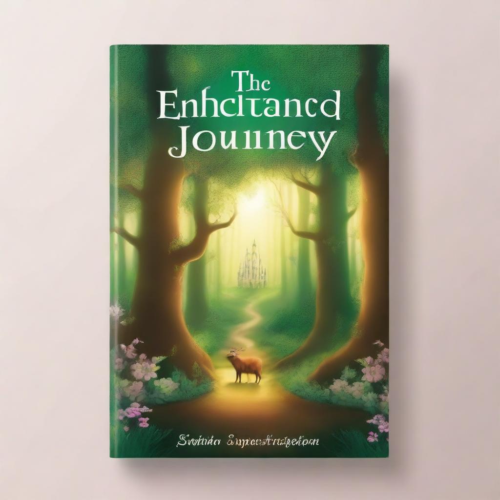 Create a book cover featuring an enchanting forest with mystical creatures and a hidden path leading to a magical castle in the distance