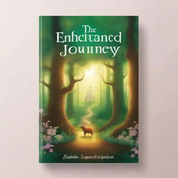 Create a book cover featuring an enchanting forest with mystical creatures and a hidden path leading to a magical castle in the distance