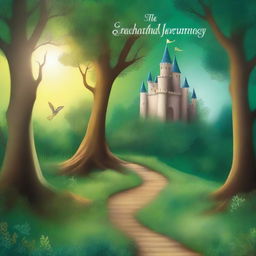 Create a book cover featuring an enchanting forest with mystical creatures and a hidden path leading to a magical castle in the distance