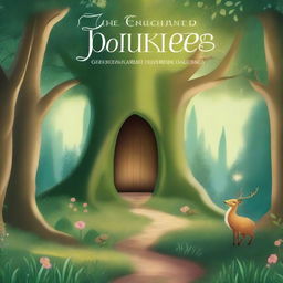 Create a book cover featuring an enchanting forest with mystical creatures and a hidden path leading to a magical castle in the distance