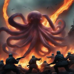 An epic scene featuring a giant octopus in the midst of a war, with flames and fire surrounding it