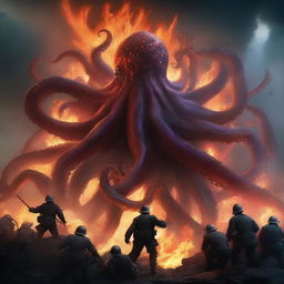 An epic scene featuring a giant octopus in the midst of a war, with flames and fire surrounding it