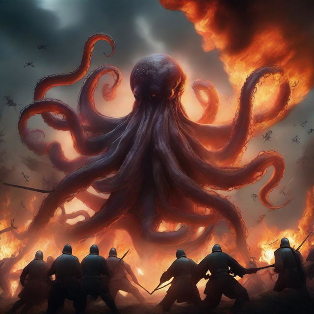 An epic scene featuring a giant octopus in the midst of a war, with flames and fire surrounding it