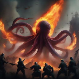 An epic scene featuring a giant octopus in the midst of a war, with flames and fire surrounding it