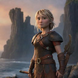 A detailed, cartoon style image of Astrid Hofferson from 'How to Train Your Dragon', standing with confidence, with her battle-axe in hand. The background brims with towering cliffs and the ocean at dusk.