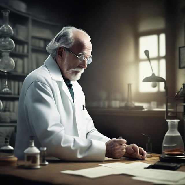 Create an image depicting the dramatic moment when renowned scientist Gustav decides to end his own life after discovering the secret to eternal life