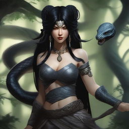 An aggressive and fierce yuan-ti woman with black hair and snake-like features, depicted in a detailed and dark fantasy setting