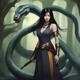 An aggressive and fierce yuan-ti woman with black hair and snake-like features, depicted in a detailed and dark fantasy setting