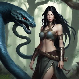 An aggressive and fierce yuan-ti woman with black hair and snake-like features, depicted in a detailed and dark fantasy setting