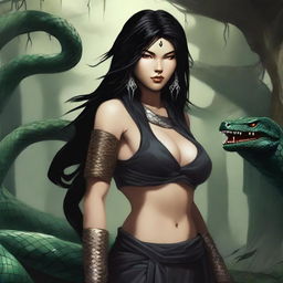 An aggressive and fierce yuan-ti woman with black hair and snake-like features, depicted in a detailed and dark fantasy setting