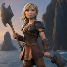 A detailed, cartoon style image of Astrid Hofferson from 'How to Train Your Dragon', standing with confidence, with her battle-axe in hand. The background brims with towering cliffs and the ocean at dusk.