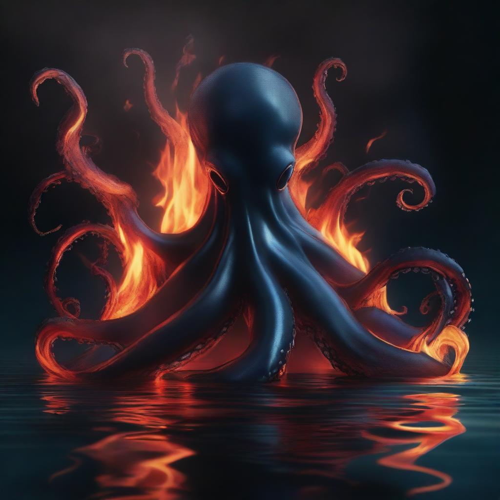 A majestic black octopus emerging from dark, shadowy waters with flames surrounding its tentacles