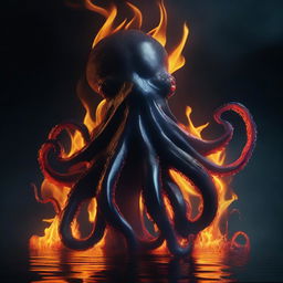 A majestic black octopus emerging from dark, shadowy waters with flames surrounding its tentacles