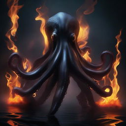 A majestic black octopus emerging from dark, shadowy waters with flames surrounding its tentacles